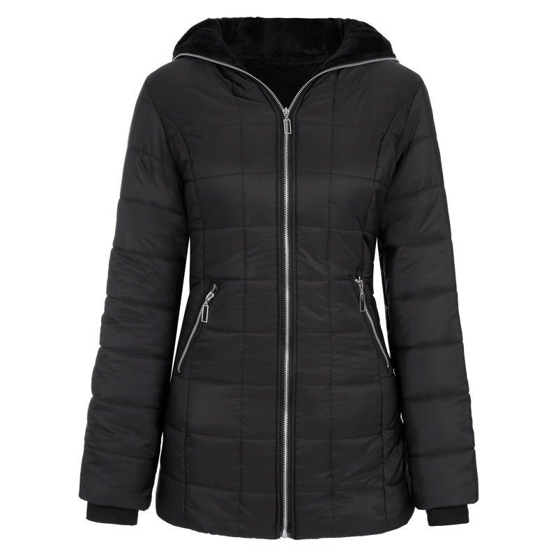 Dames Gewatteerde Winterjas met Capuchon – Middellange Jas met Warme Pluche Voering
