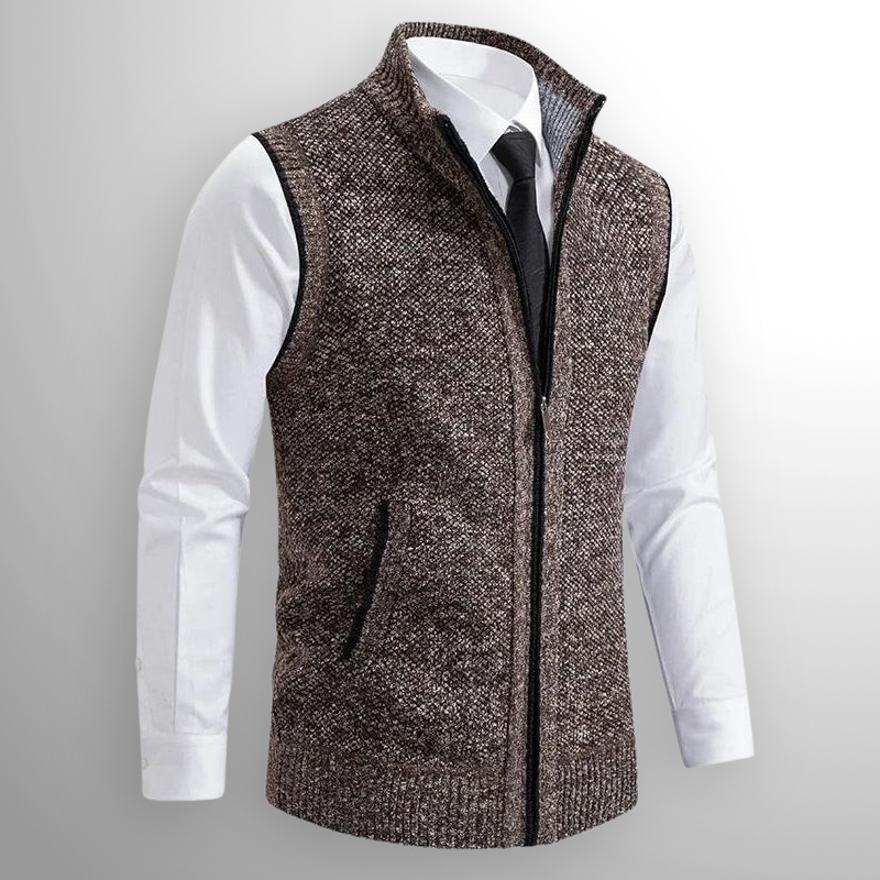 Heren Wollen Mix Gebreide Bodywarmer met Rits – Warme Laag met Kraag & Zakken